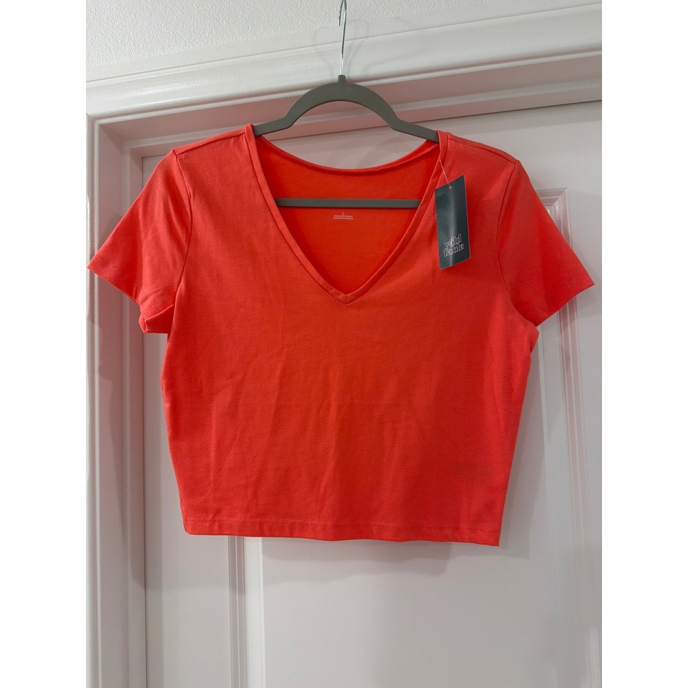 Wild Fable V-Neck Crop Top Womens Large Coral Short Sleeve Stretch Tee